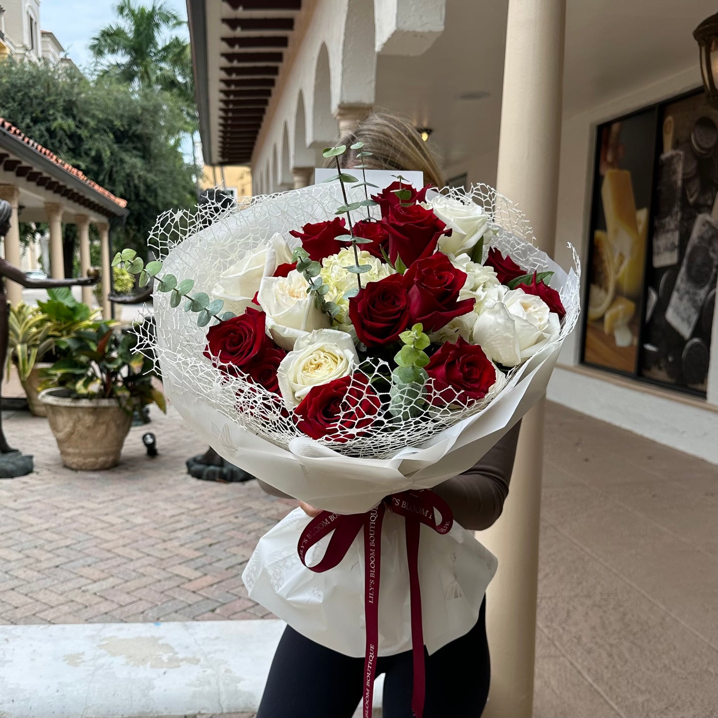 Red and White Roses with Hydrangea