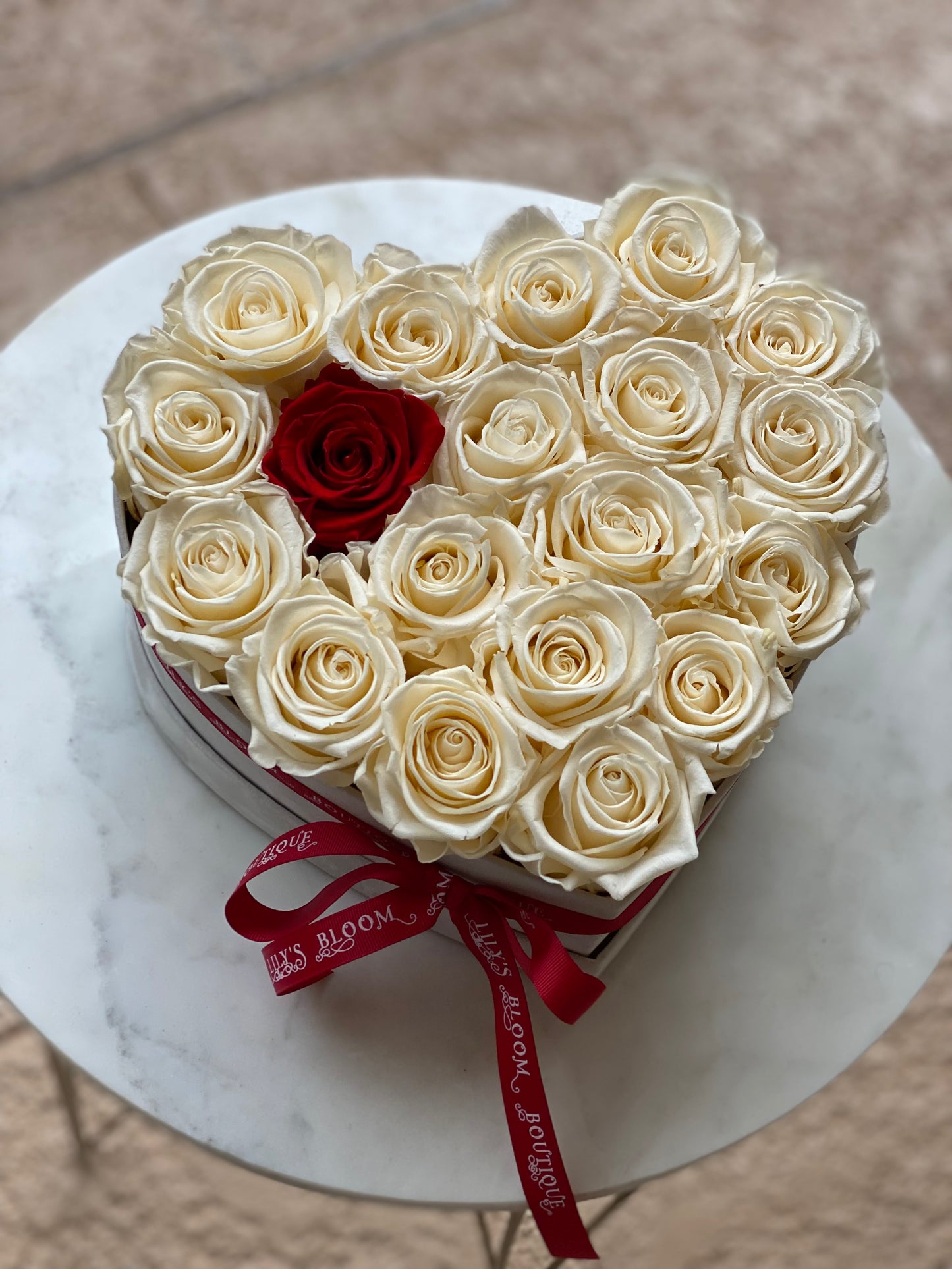 White Preserved Roses in a heart box