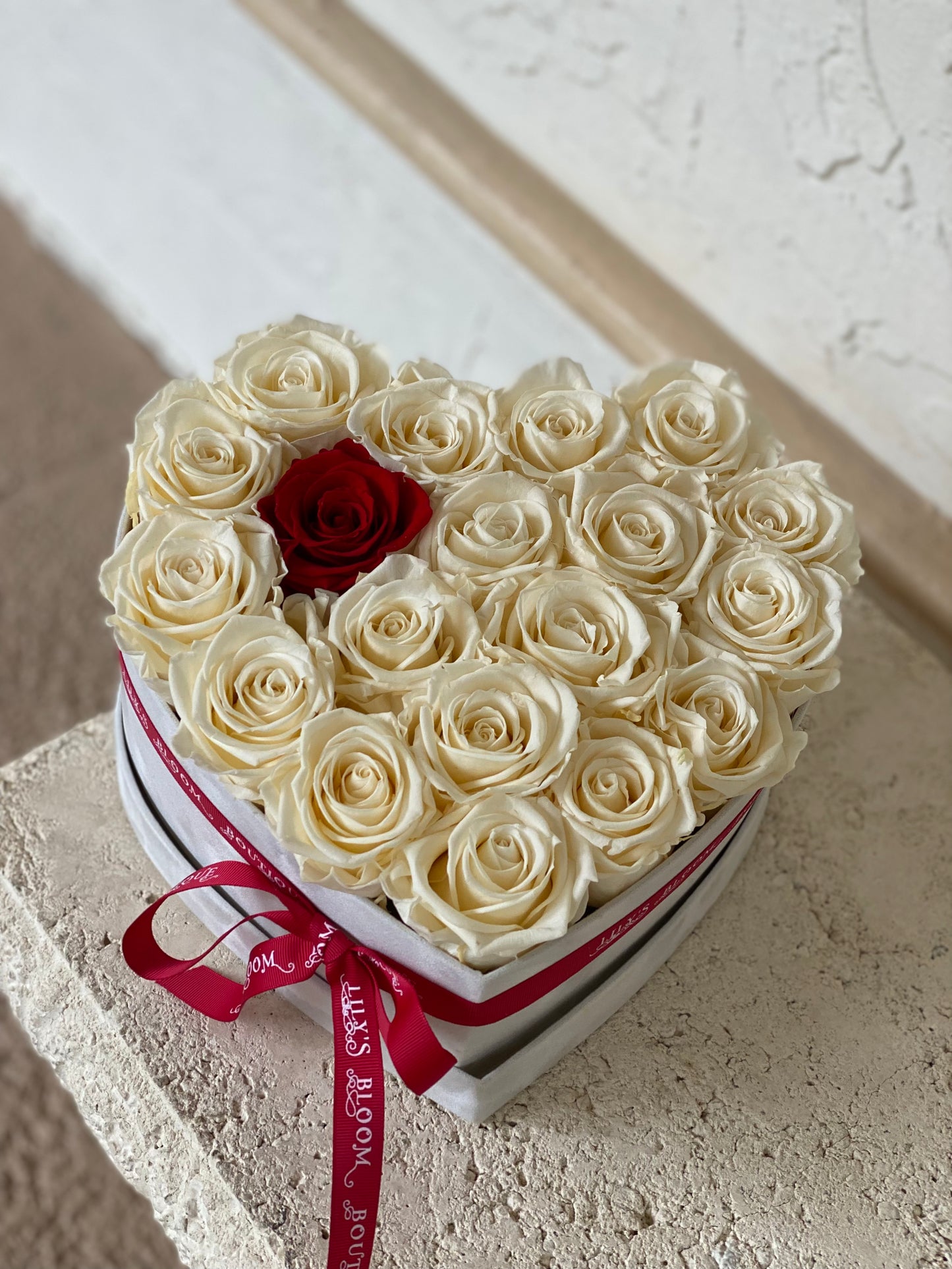 White Preserved Roses in a heart box