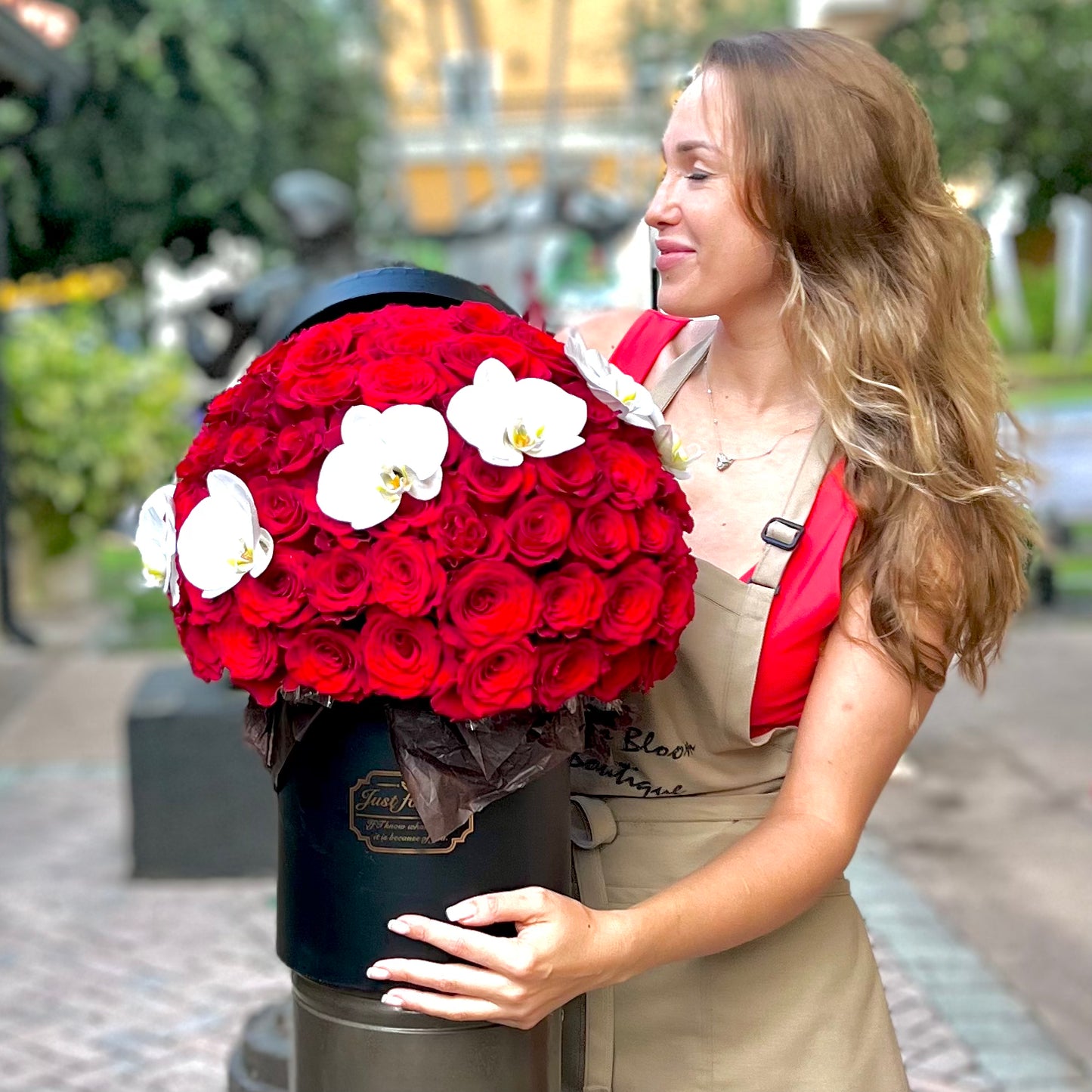 Red Roses Ball with Orchids