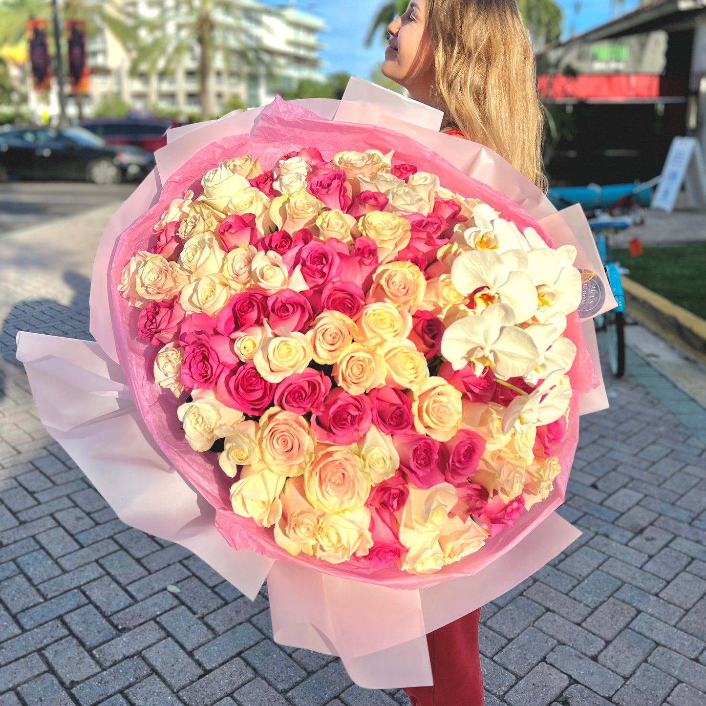 100 Roses and Orchids Mix Hand-Tied Bouquet