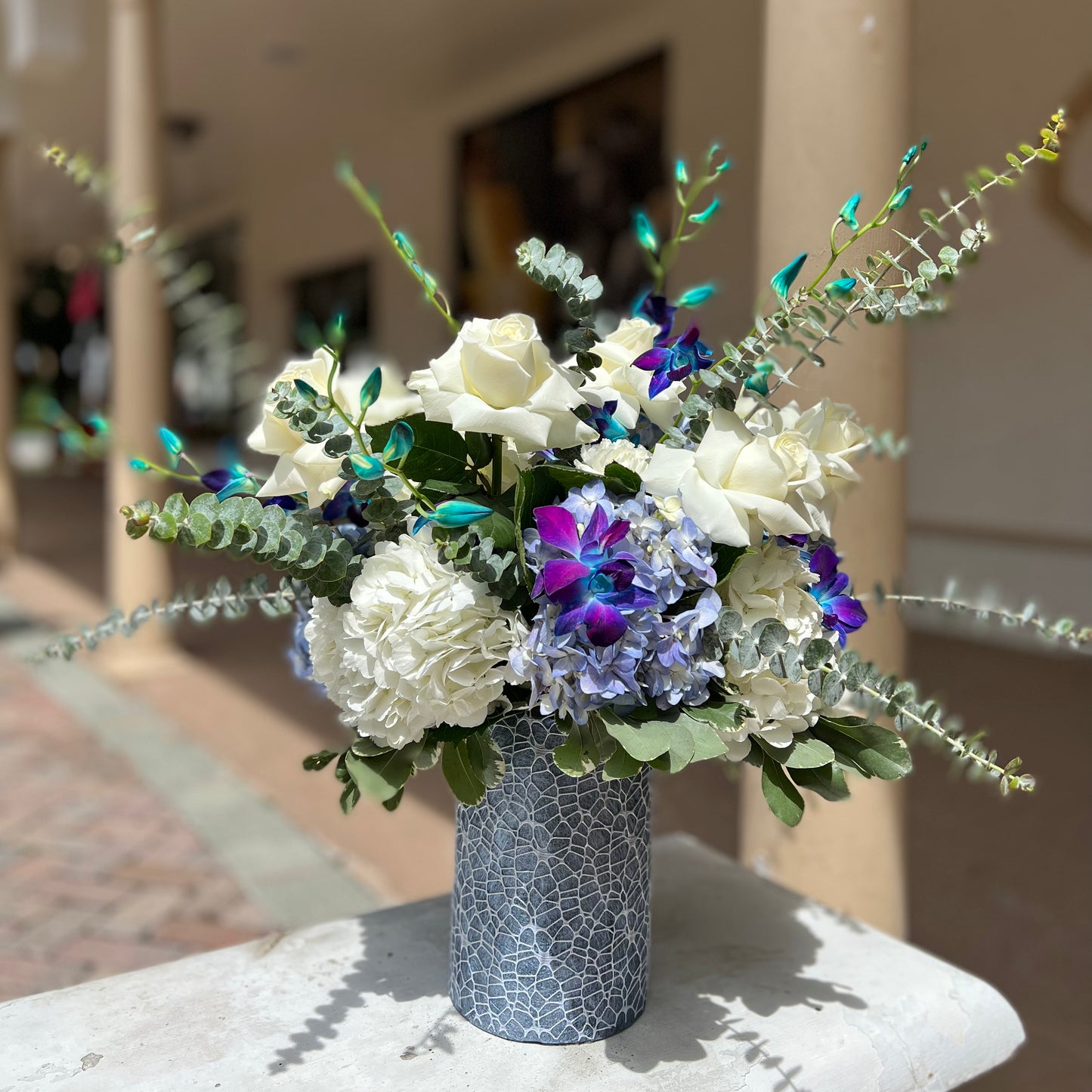 Blue Hydrangeas Eucalyptus Vase