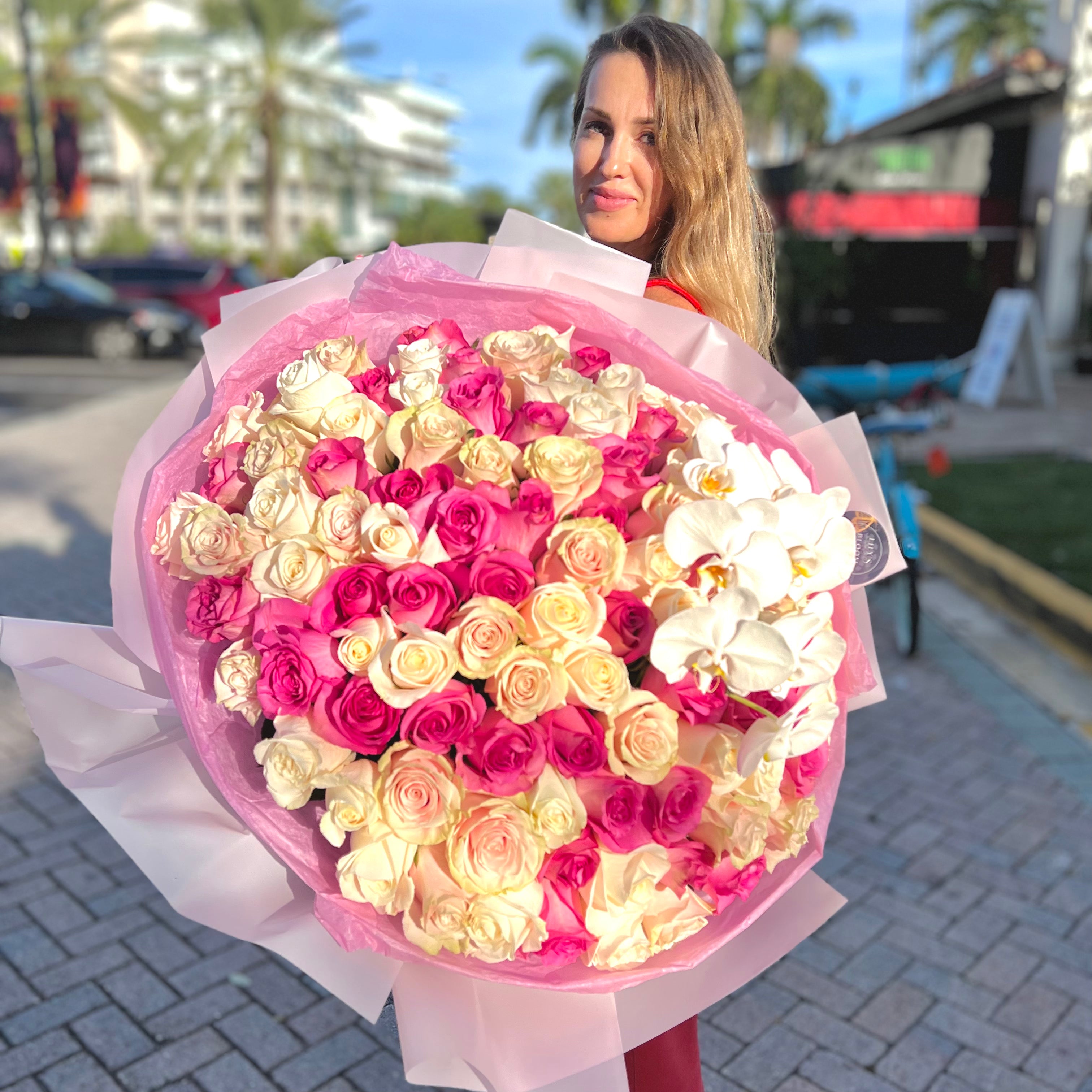100 Roses and Orchids Mix Hand-Tied Bouquet