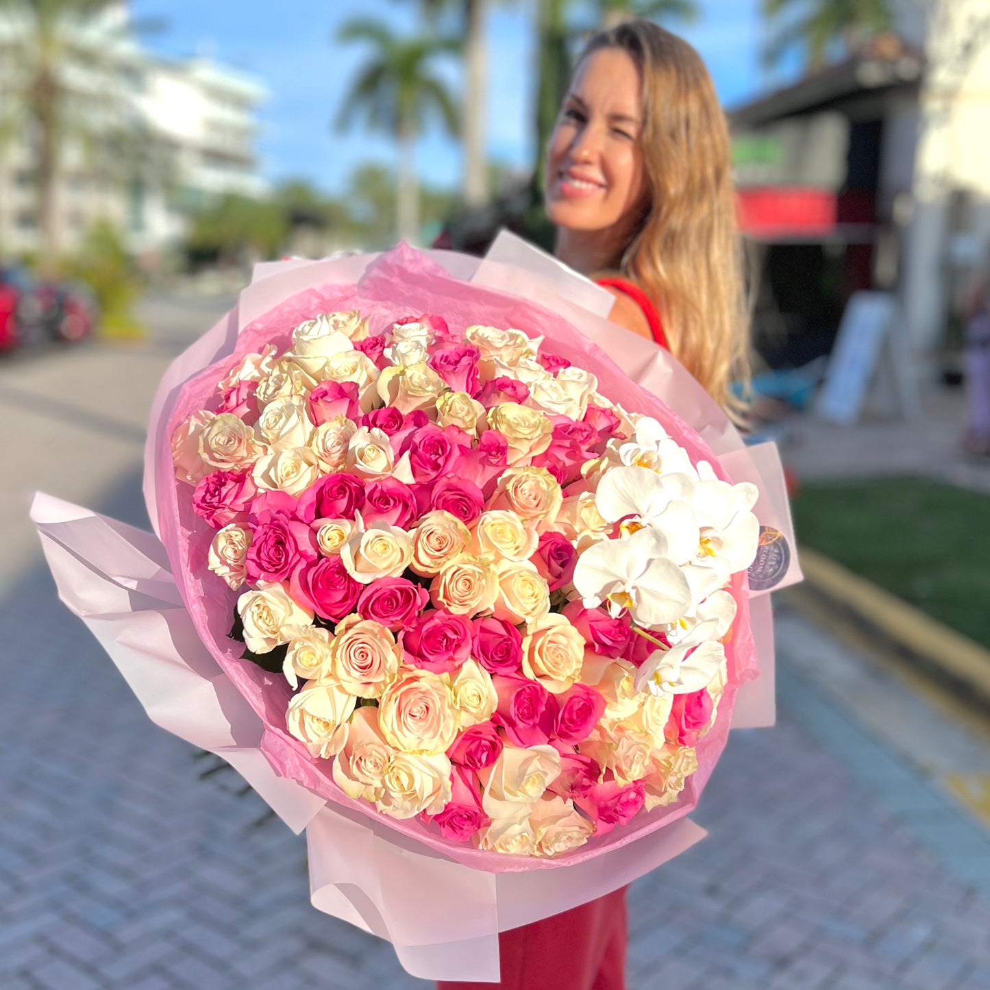 100 Roses and Orchids Mix Hand-Tied Bouquet