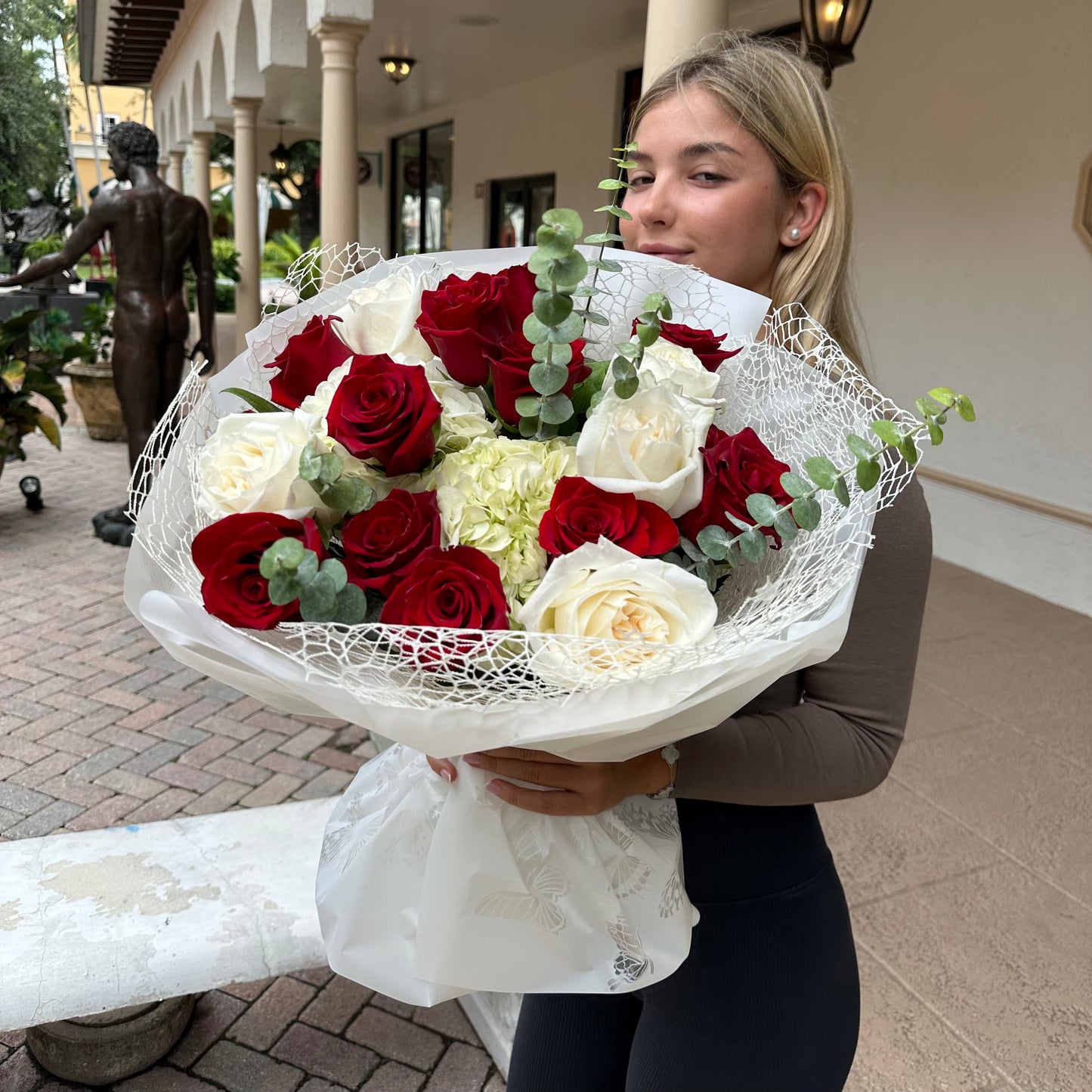 Red and White Roses with Hydrangea