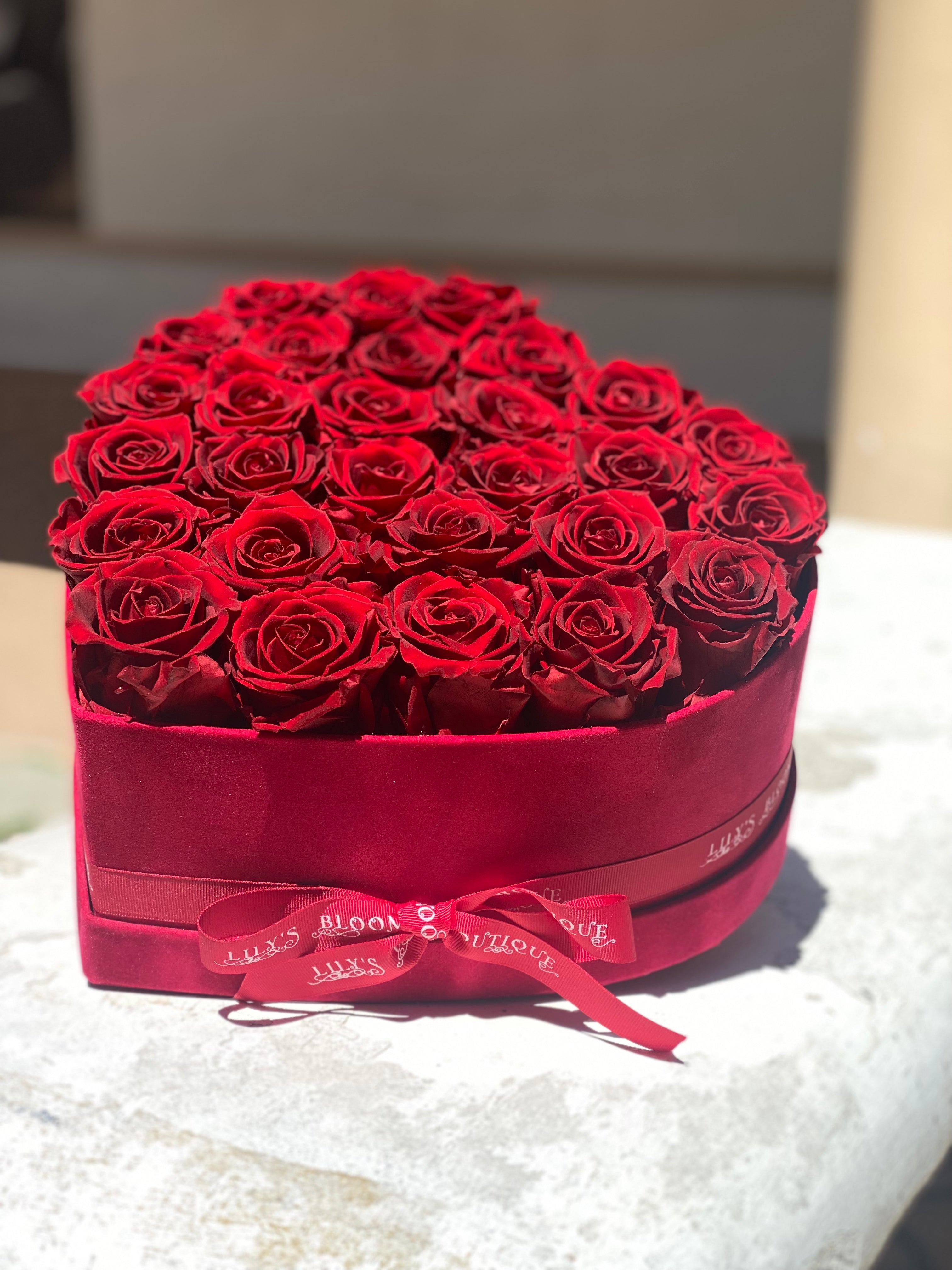 Red Roses Preserved Heart Box | Lily's Bloom Boutique