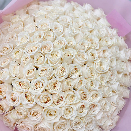 100 White Roses Hand-Tied Bouquet - Lily's Bloom Boutique