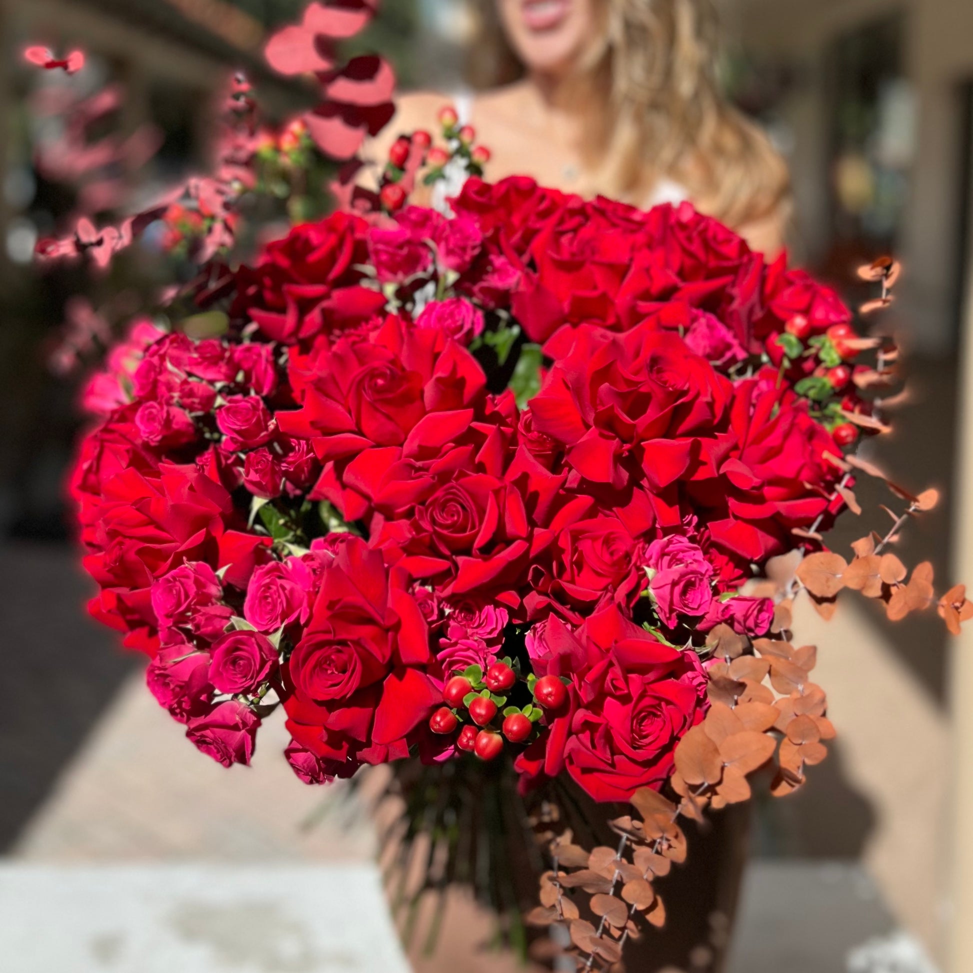 Esmeralda Red Roses Bouquet with opened roses