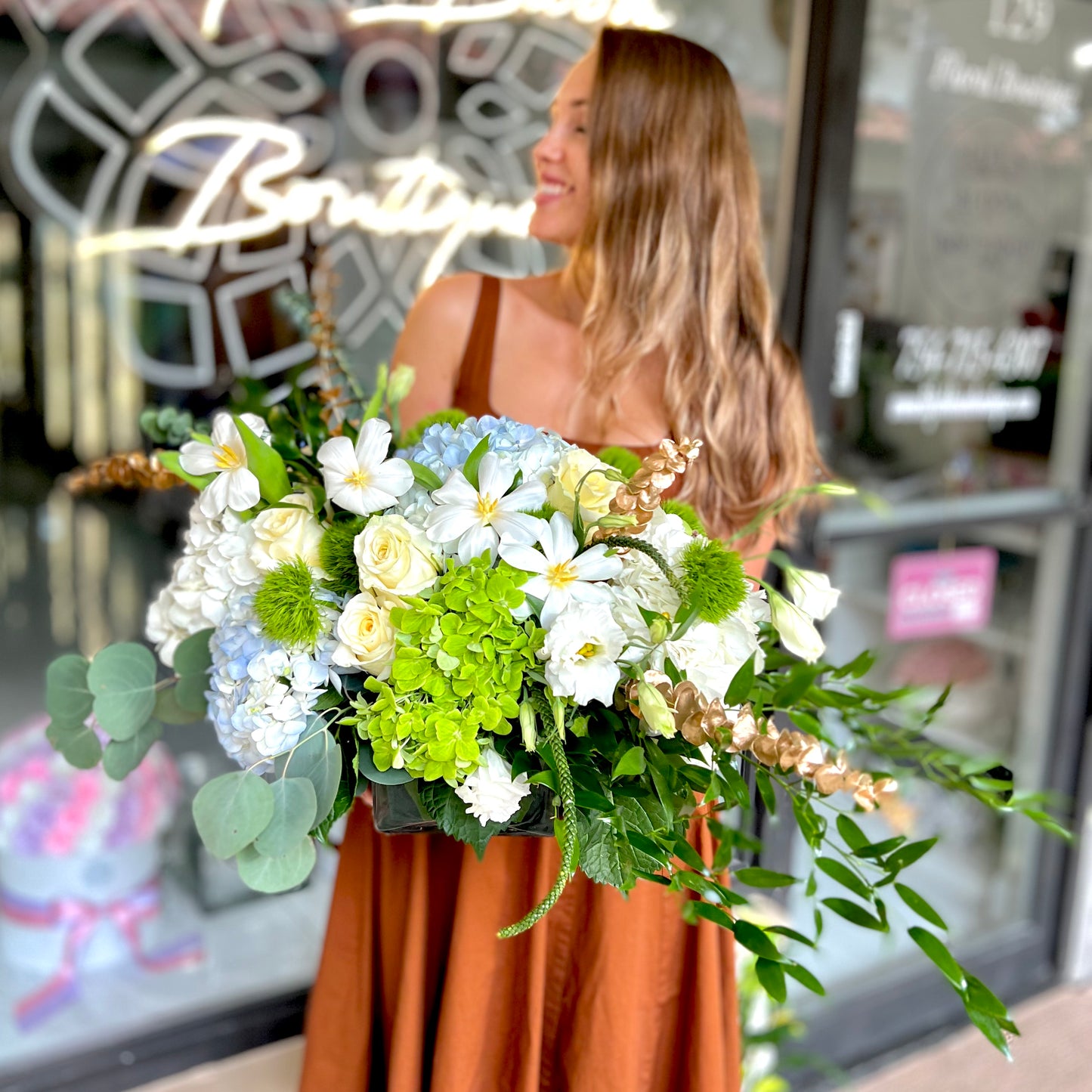 White Tulips Vase with Blue Hydrangeas